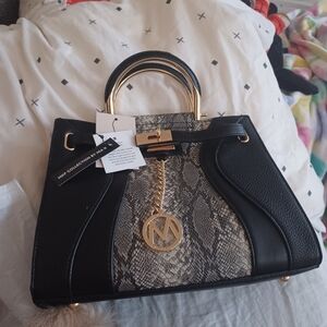 Michael Kores Collection Black and Gold Snake Print Satchel